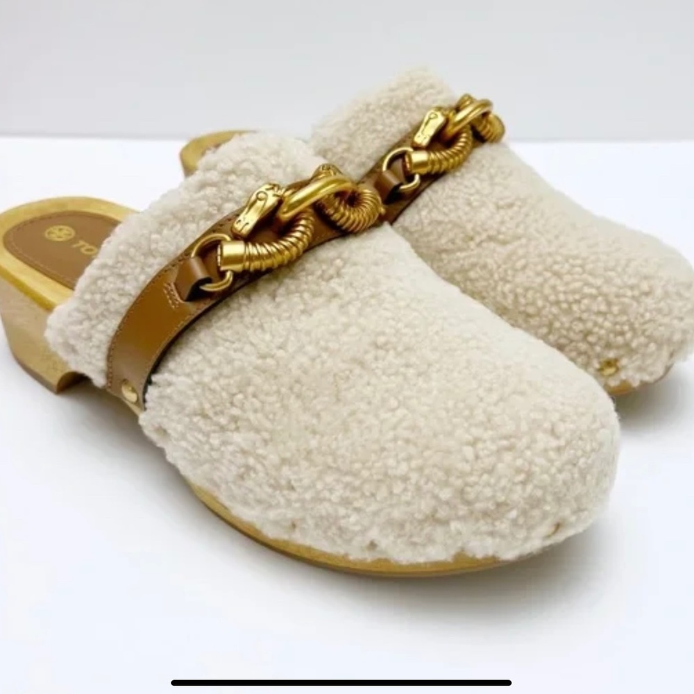Tory Burch Shearling Clogs with Gold Chain